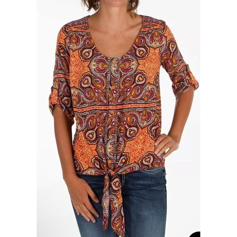 Daytrip Paisley Print Top Small Orange Yellow Tie Front Roll Tab Sleeve Womens